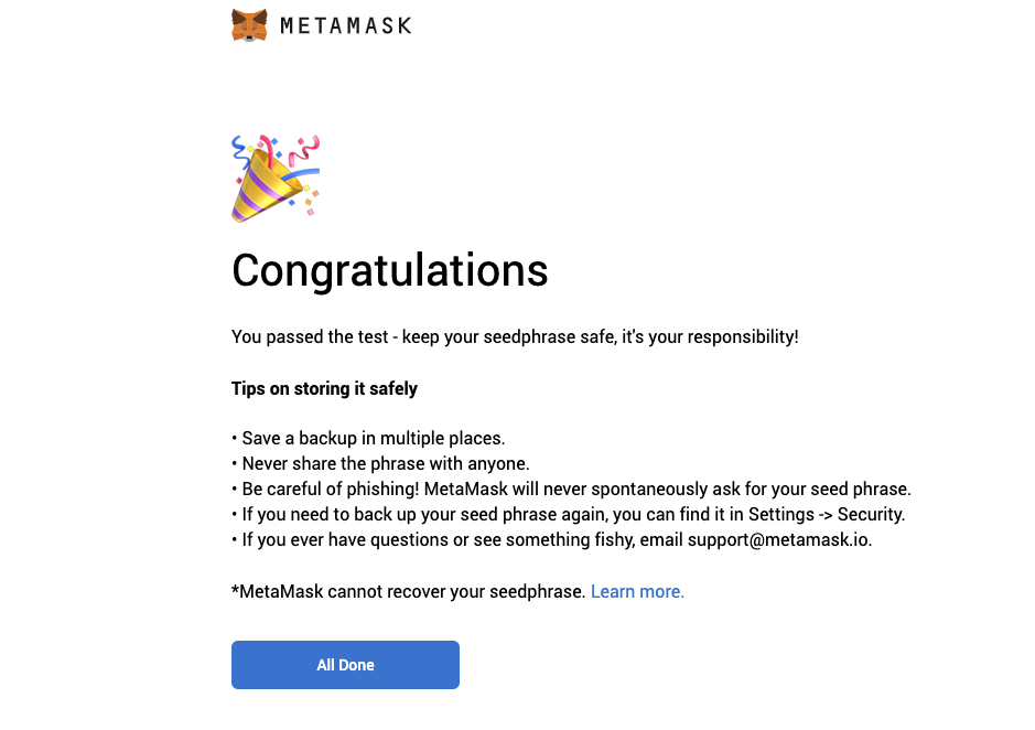Hoàn thành việc đăng ký tài khoản ví Metamask.