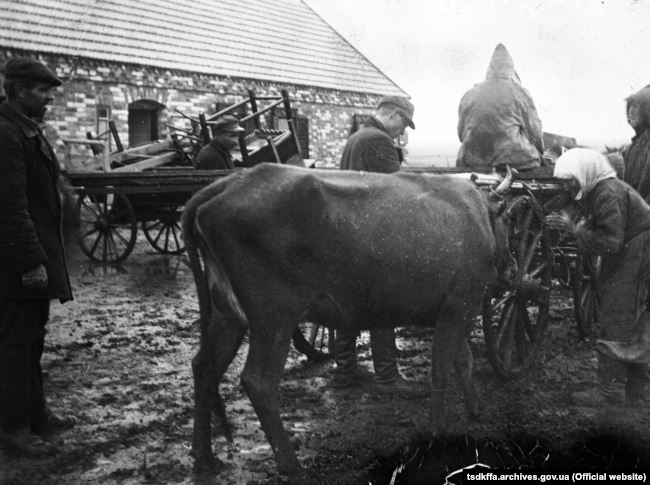 Розкуркулення селянської родини. Забирають худобу, возами вивозять майно. Архівне фото, 1930 рік. Україна