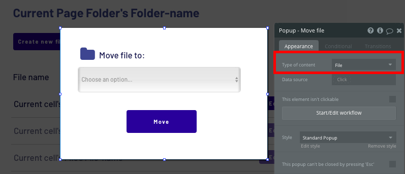 Building a Dropbox popup to move a file between folders