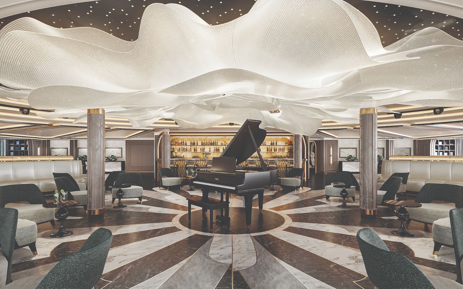 The Piano serves as the Centerpiece of The art-deco Observation Lounge on Regent Seven Seas Grandeur