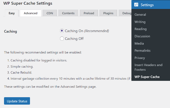 Habilitar o cache no WP Super Cache