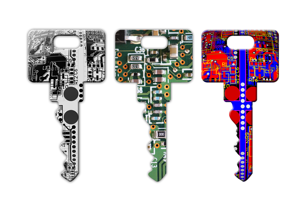 Three multi-colored, tech-like keys