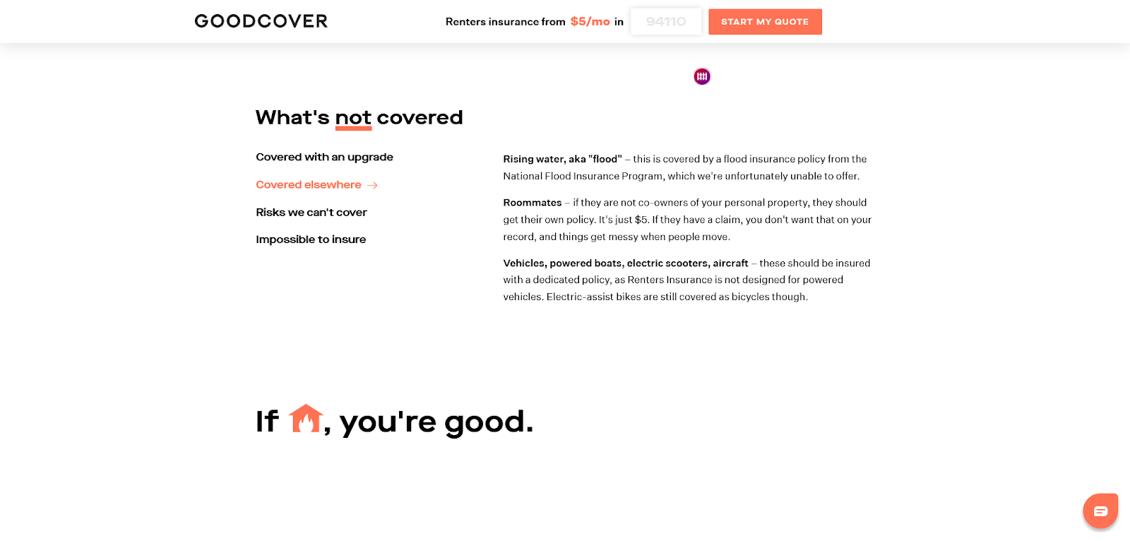 Screenshot of Goodcover’s Policy on Flood and Rising Water.