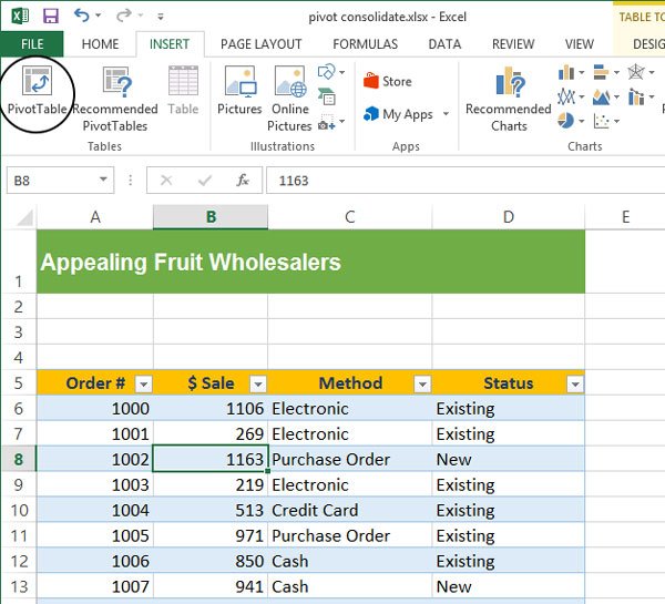inserting the Pivot Table