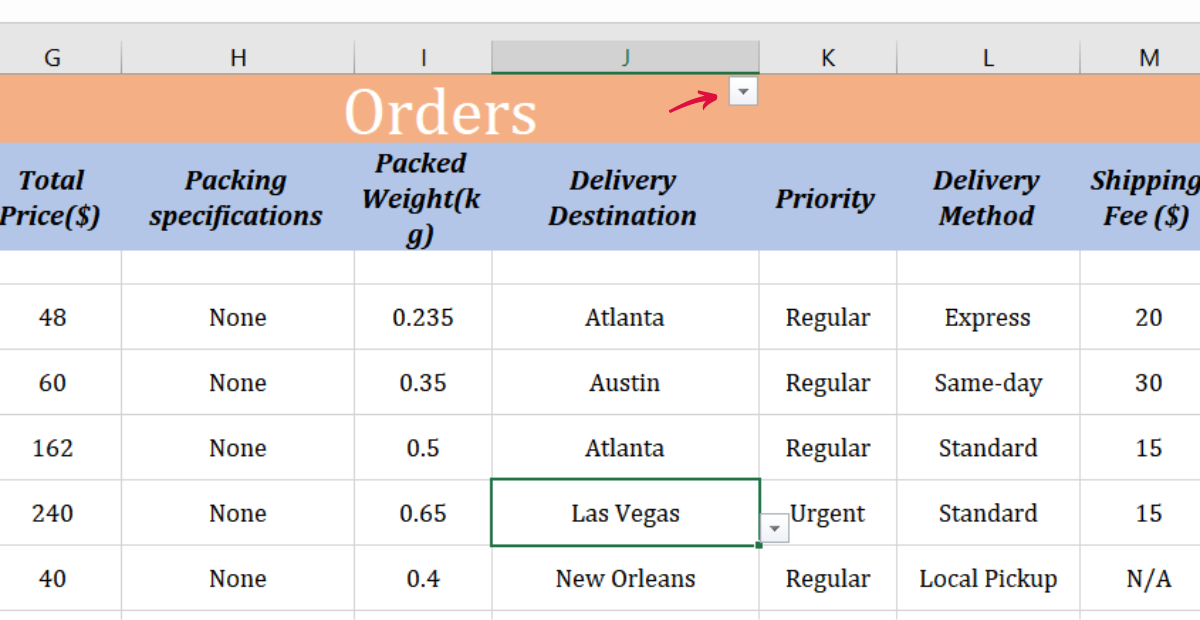 Logistics tracking spreadsheet excel | Filter | click on the small arrow to open the filter