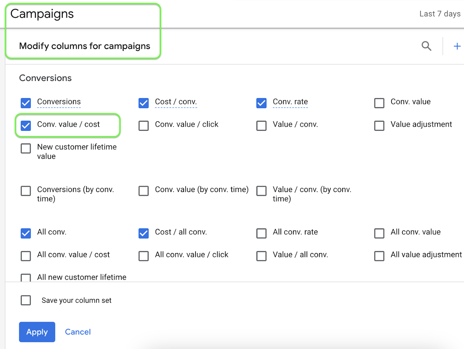 Adding the conversion value/cost column in Google ads for target ROAS campaign