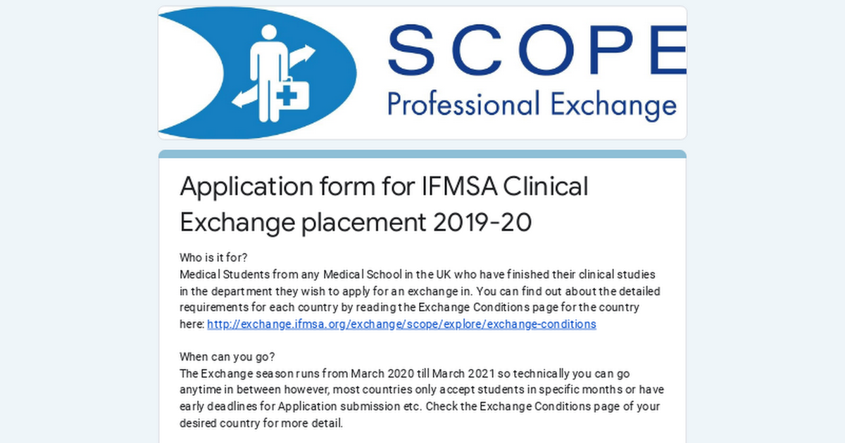 Application form for IFMSA Clinical Exchange placement 2019-20