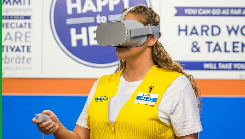 Walmart employee wearing Oculus Go VR headset