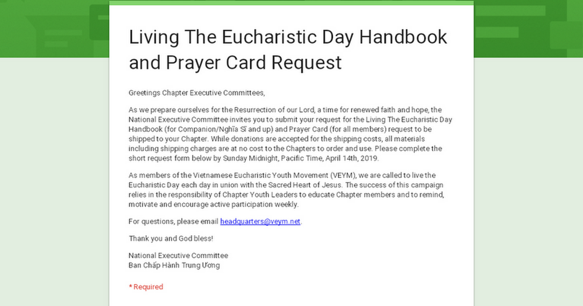 Living The Eucharistic Day Handbook and Prayer Card Request