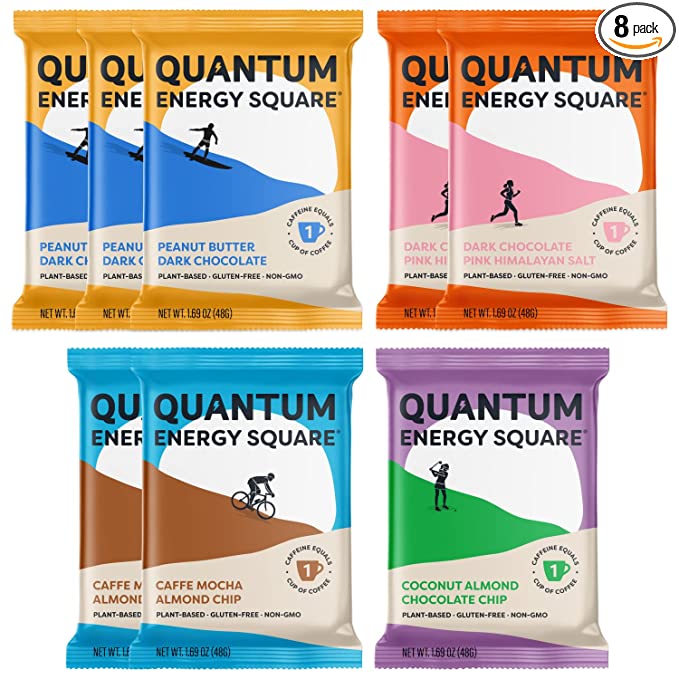 QUANTUM Energy Squares | Organic Caffeinated Energy Protein Bars | 10g | Plant Based | Gluten Free | Vegan | Dairy & Soy Free | Non-GMO | MCT Oil | Breakfast Bars | Healthy Snacks | Variety | 8 Pk