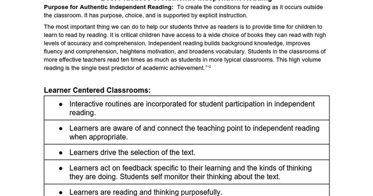 Best Practices of Authentic Independent Reading