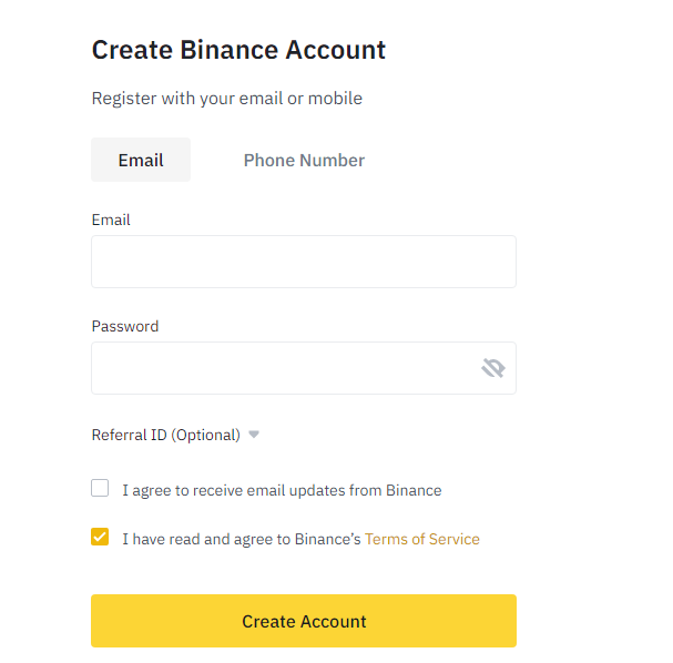 Inscription sur le site Binance