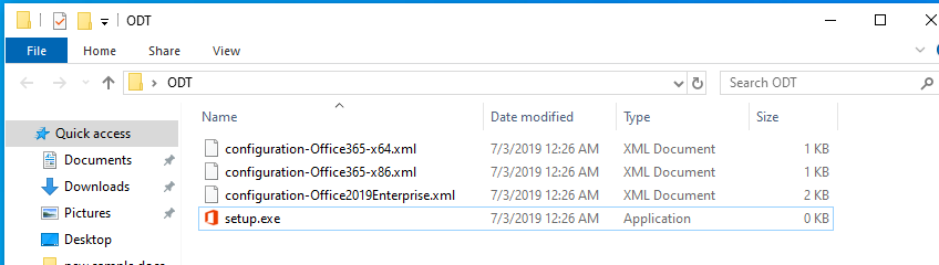 The ODT folder is opened to display the contents; it contains configuration-Office365-x64.xml, configuration-Office365-x86.xml, configuration-Office2019Enterprise.xml, and setup.exe.