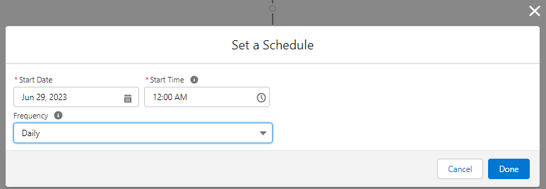 This is an image showing the "Set a Schedule" window in Salesforce