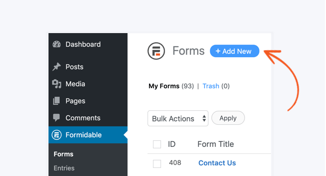 Click 'add new' at the top of the Formidable plugin to start creating a form.