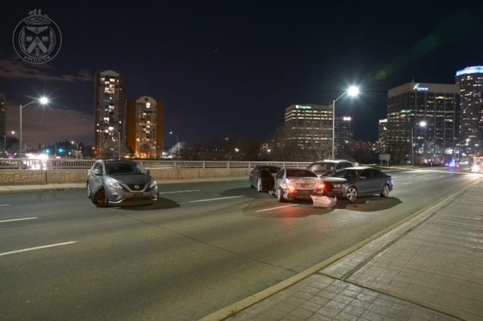 The scene was located in the northbound lanes of Hurontario Street, on the overpass bridge to Rathburn Road, in the City of Mississauga, where a group of motor vehicles involved in a collision was located. 