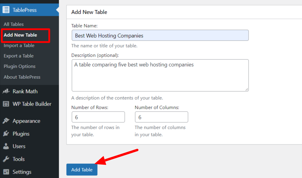 Add new table in WordPress using TablePress plugin