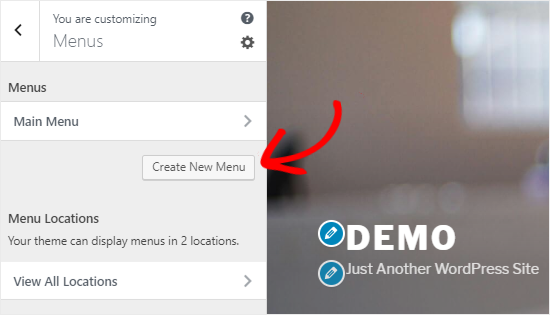 Painel de menus no personalizador de temas