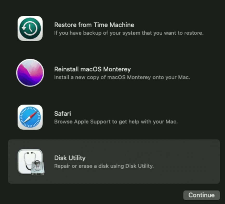 Recovery Mode > User Account > Disk Utility > Continue