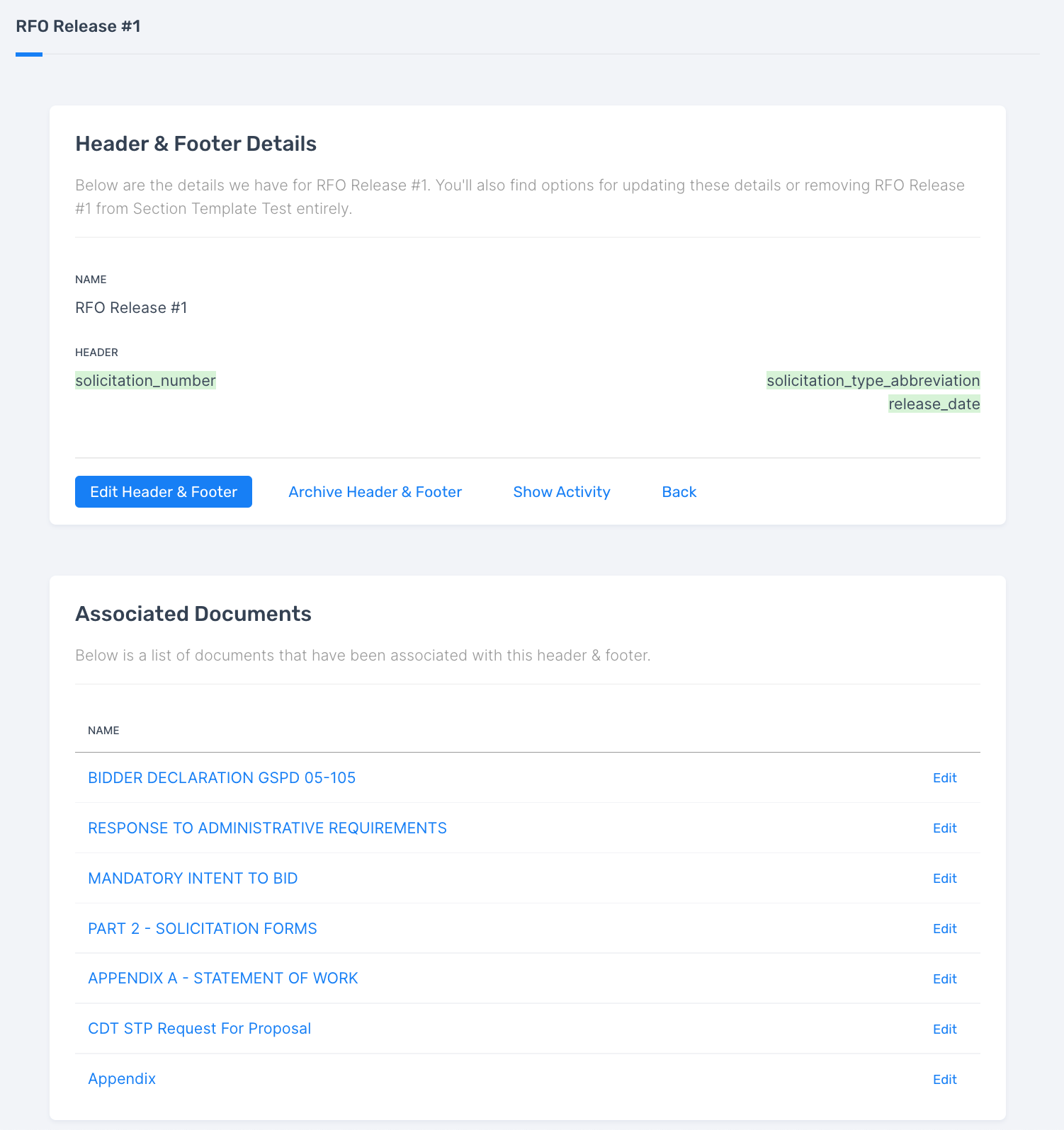 Screenshot of header and footer template page in solicitation builder that will Screenshot of document settings page in solicitation builder that will be a page you view and work from when participating in this training activity.