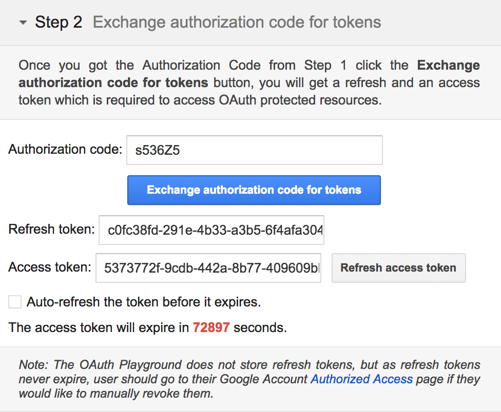Google OAuth Playground exchanging authorization code for access token