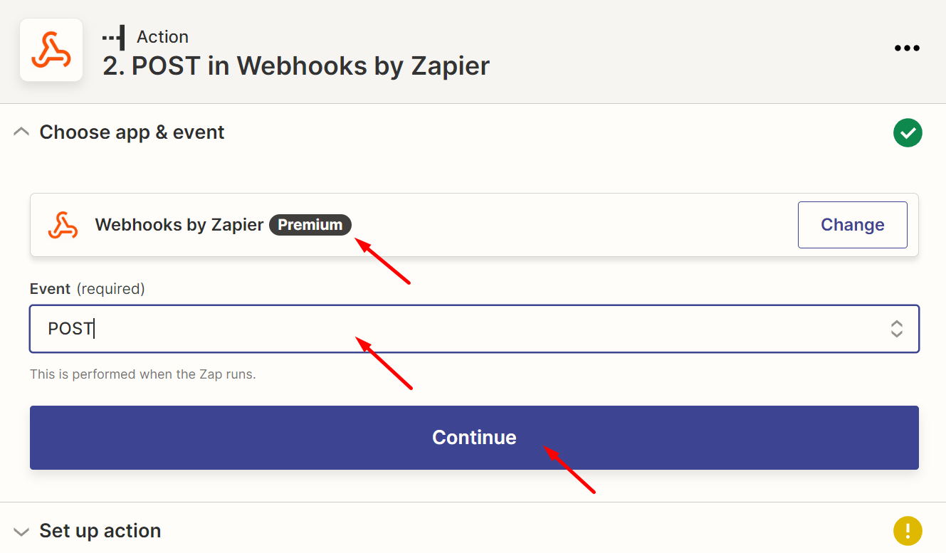 configuring action webhook in zapier