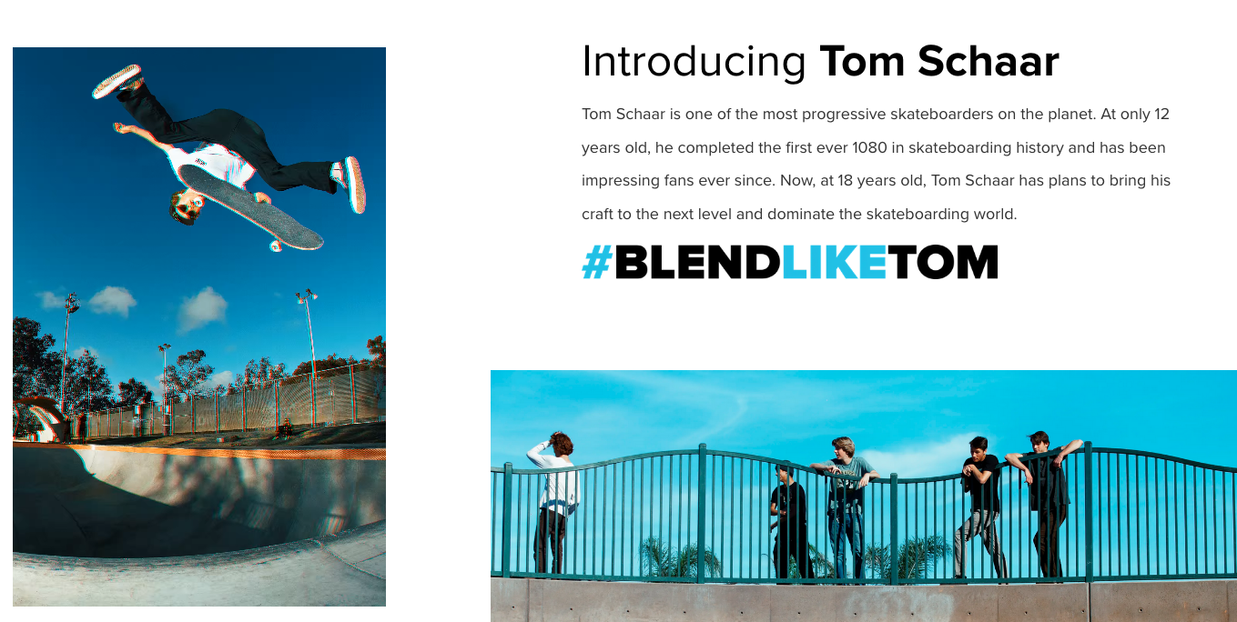 blenders landing page for skateboard demographic