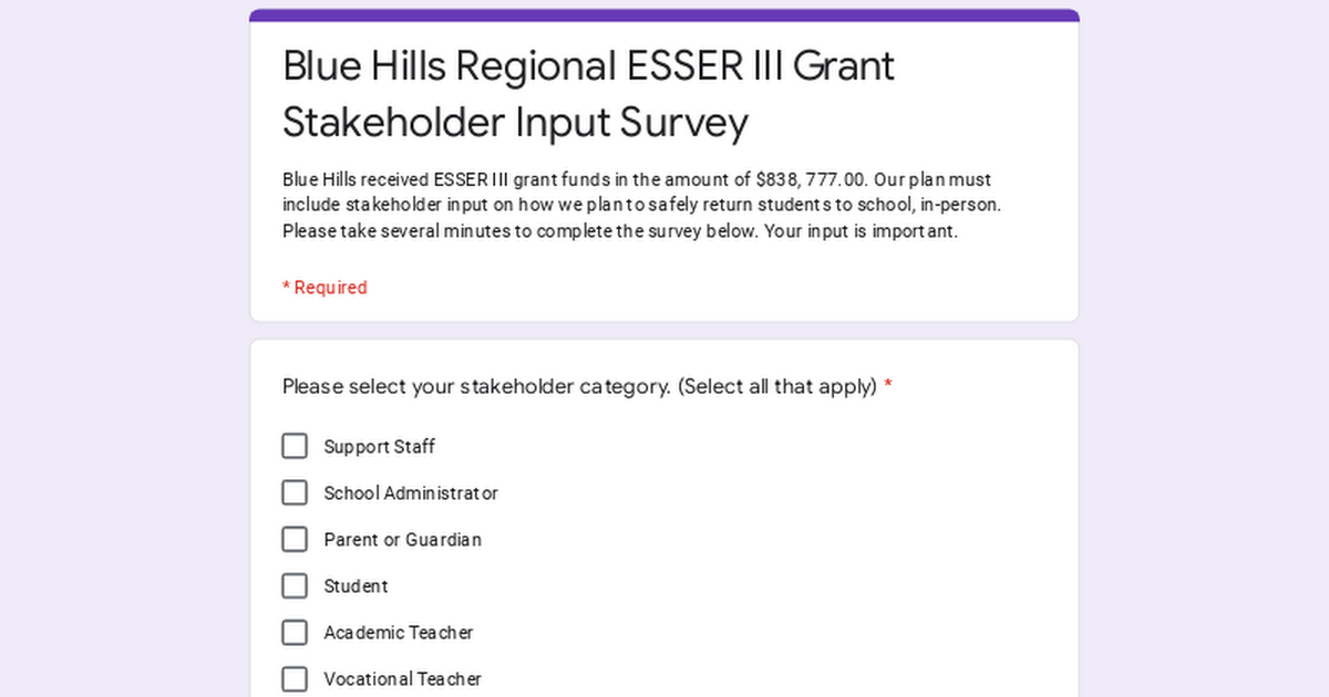 Blue Hills Regional ESSER III Grant Stakeholder Input Survey