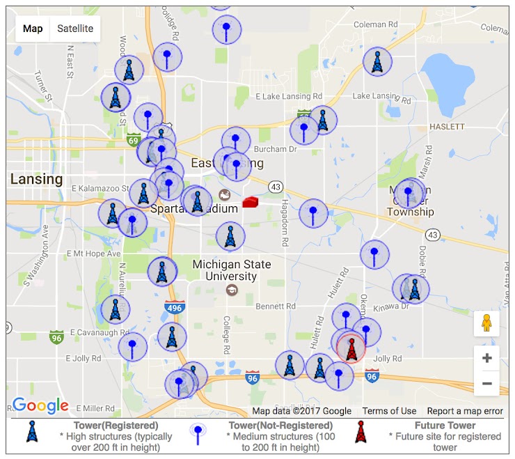 Google map of the area around Lansing with towers represented