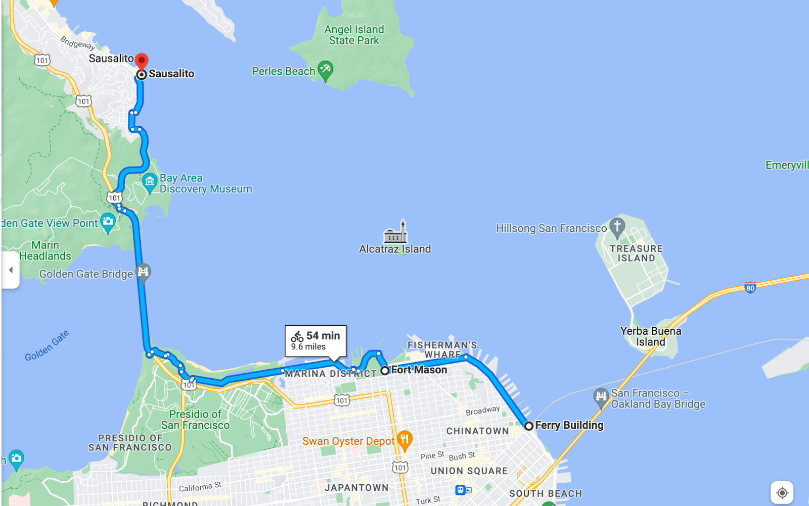 Golden Gate Bridge bike route, Ferry building to Sausalito bike route
