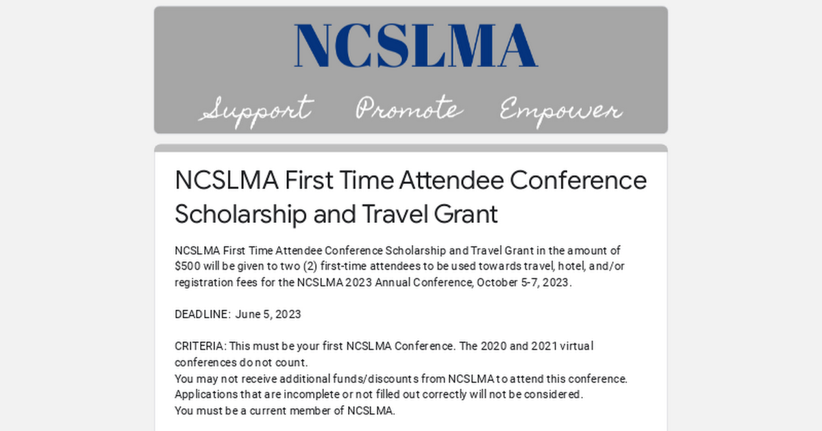 NCSLMA First Time Attendee Conference Scholarship and Travel Grant