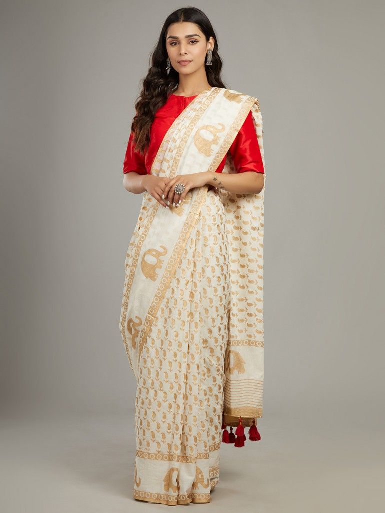 Ivory Hand-Block Printed Cotton Mul-Saree