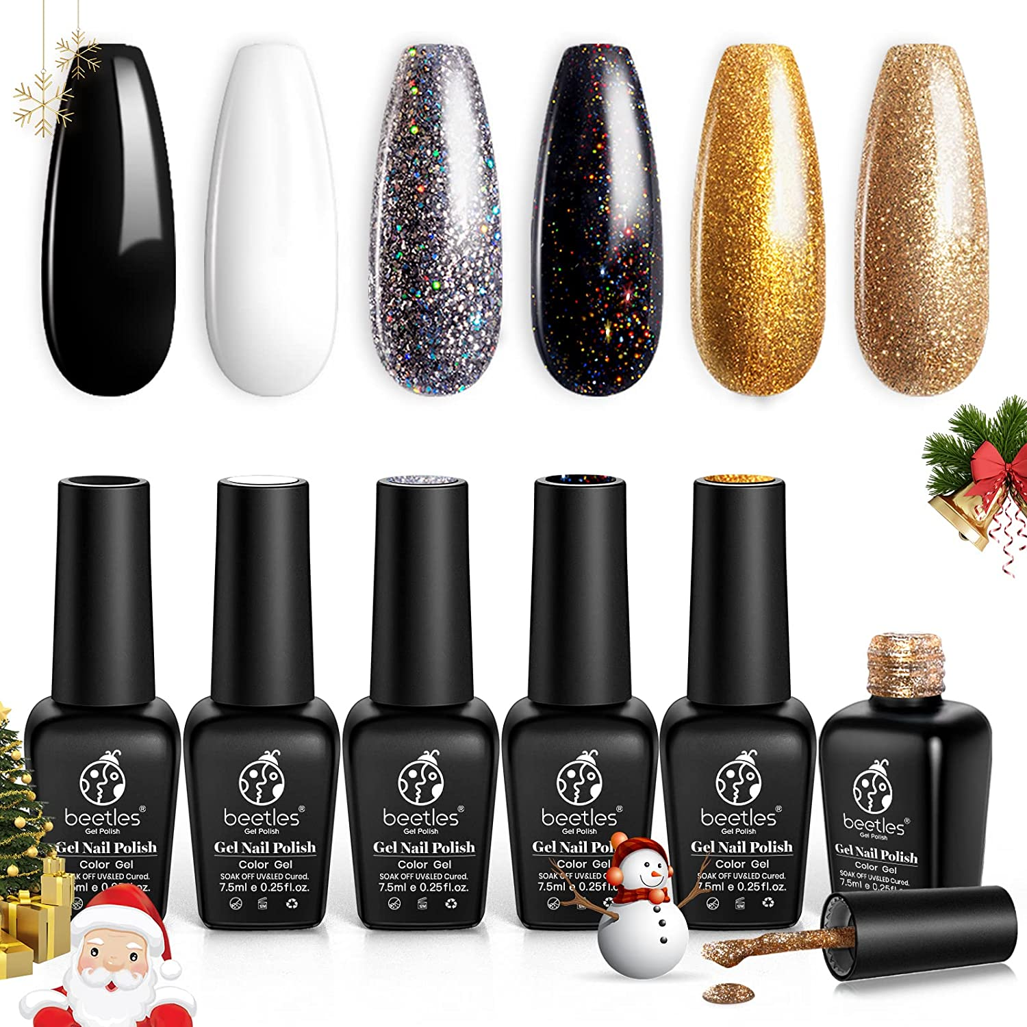 Vernis à ongles de fête et ongles présentant les couleurs noir, blanches, argentées et dorées des vernis