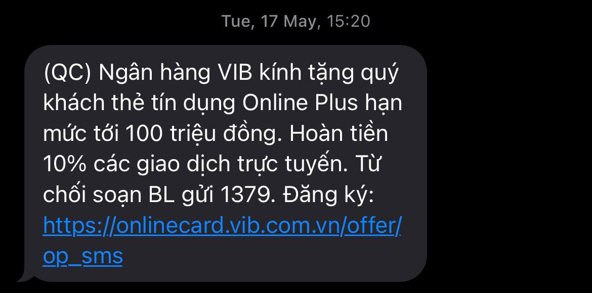 Tin nhắn SMS direct marketing của Ngân hàng VIB