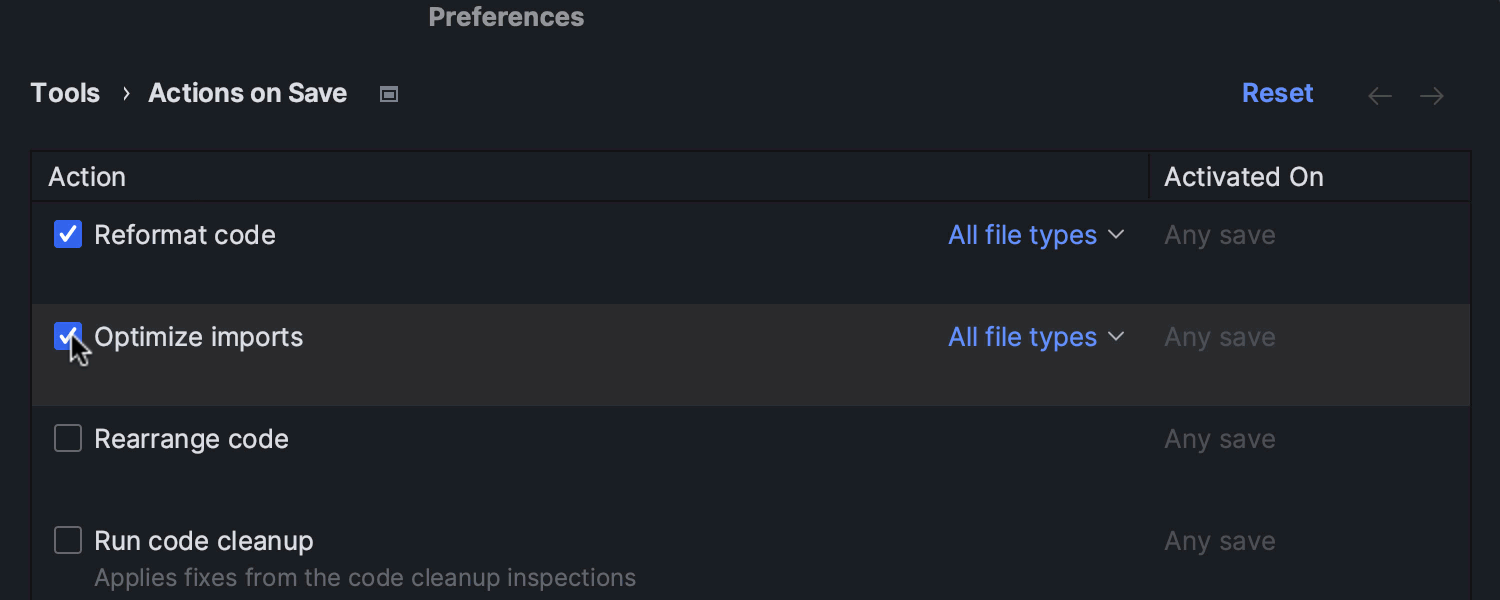 Setting to configure Actions on Save for new projects