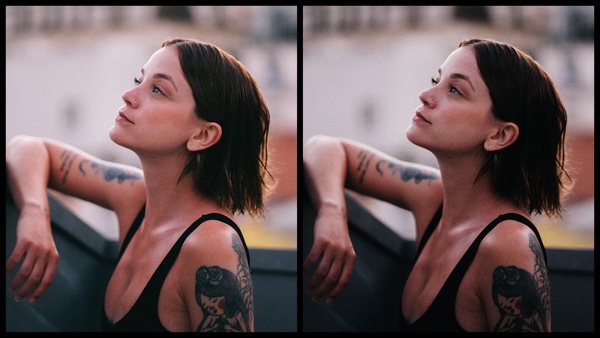 antes e depois da foto de uma mulher morena sendo que uma das fotos está mais clara que a outra