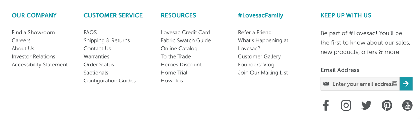 lovesac website homepage with resources and CTAs in the footer
