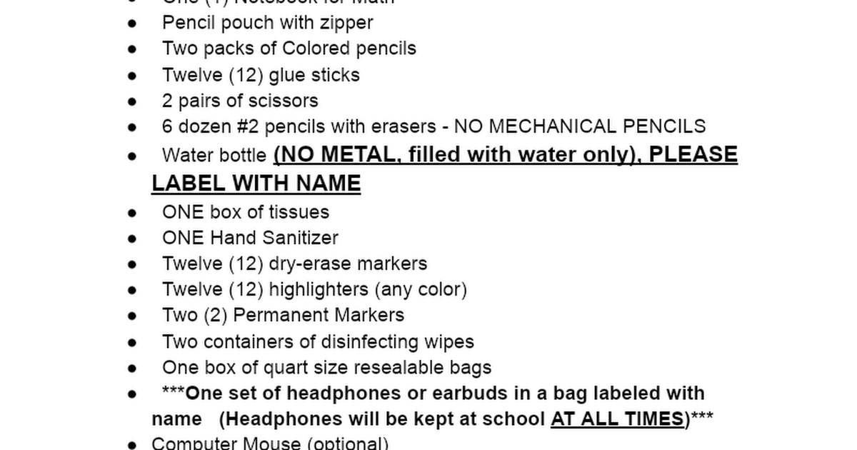 5th Grade Supply List