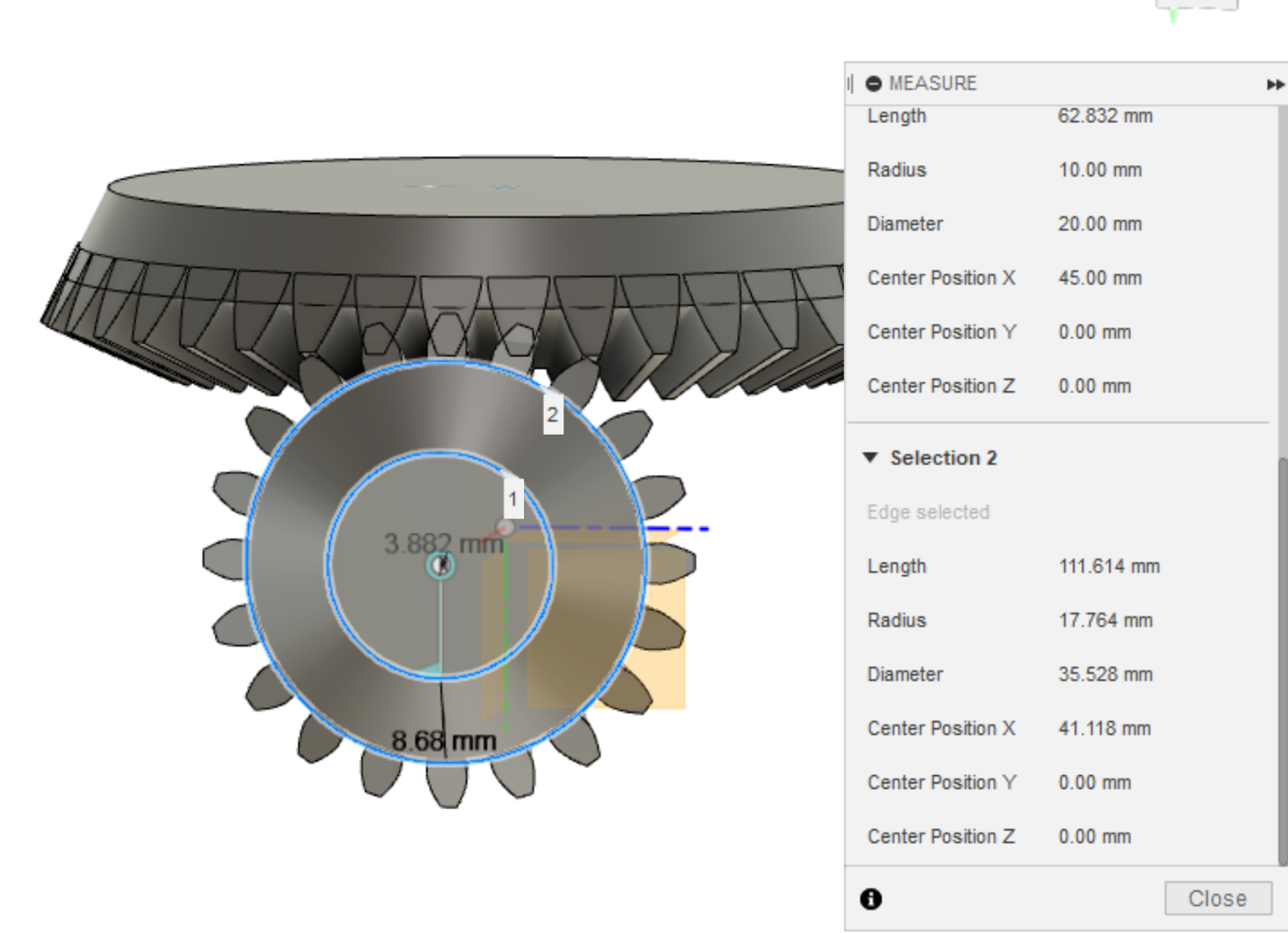 Bottom view of Fusion360 CAD model of 2:1 bevel gears. Smaller bevel gear pitch diameter of 36 mm.