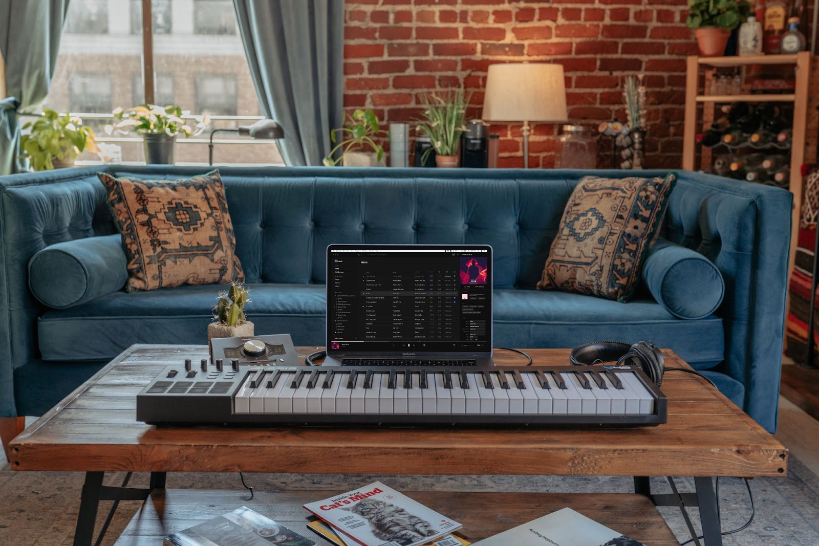  A laptop, keyboard, sound mixer and headphones placed on a brown table - How To Start Making Music at Home