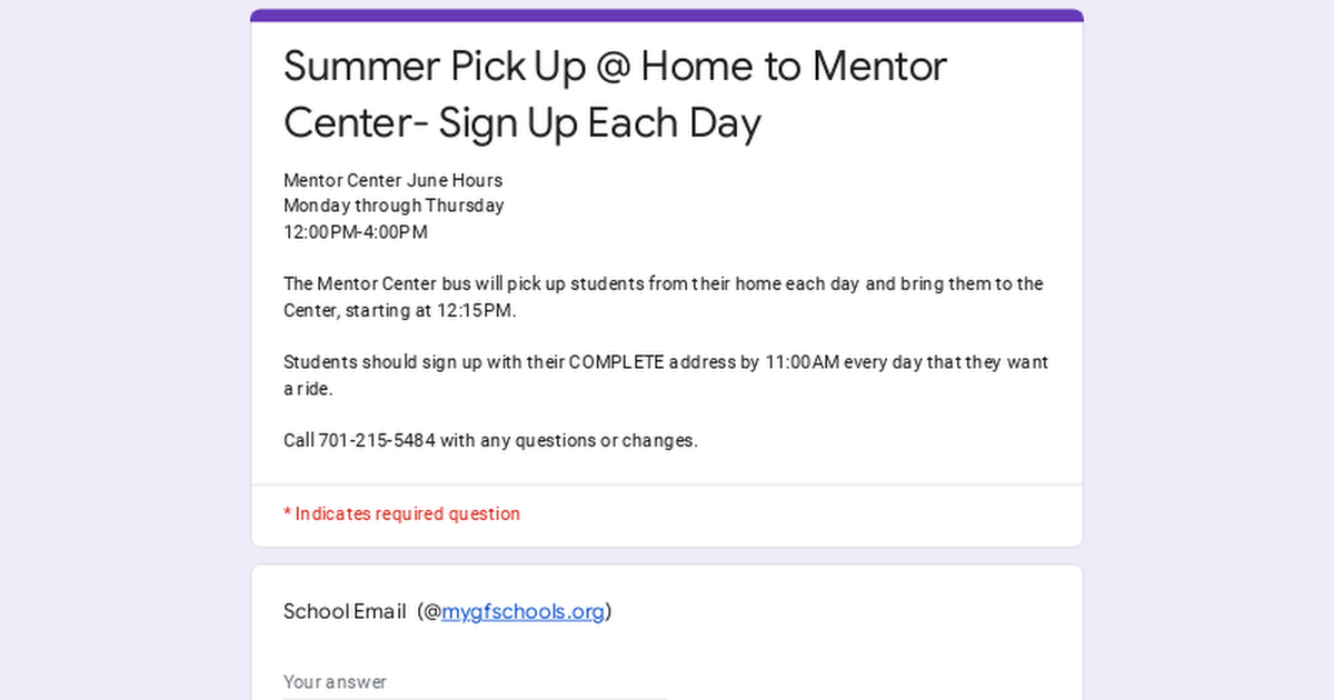 2021-22 MC Bus Pickup @ Home to Mentor Center- Sign Up Each Day