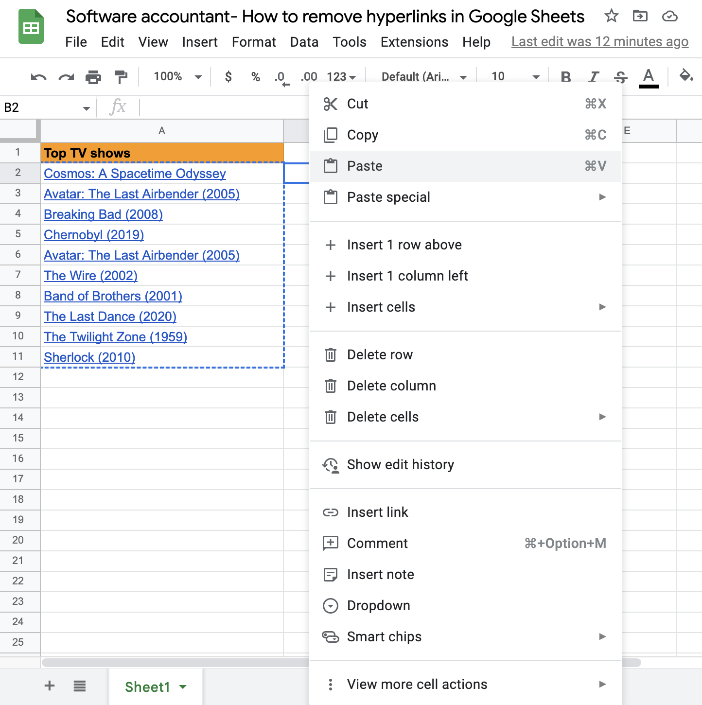 How to remove hyperlinks in Google Sheets using paste special