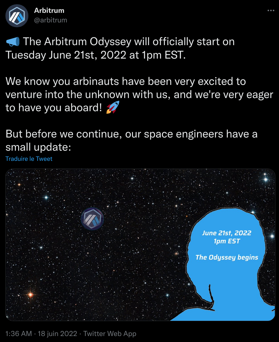 Arbitrum announces the Arbitrum Odyssey lancements.