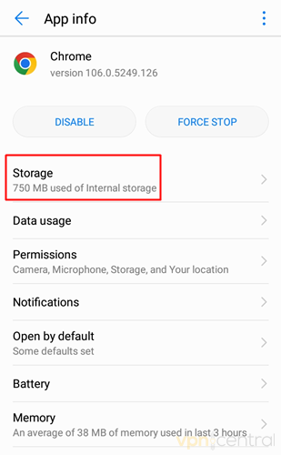 android chrome storage