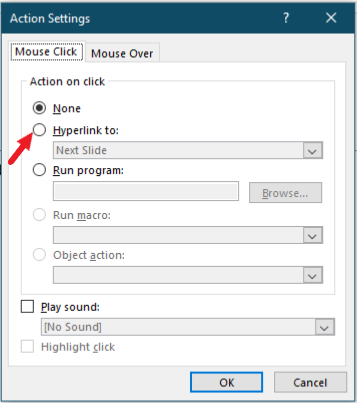 how to add a hyperlink in Powerpoint- Action Settings dialog box