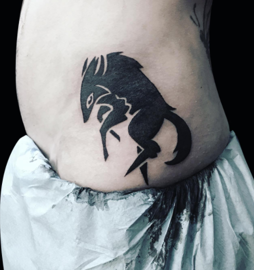 Dark Black Tribal Wolf Tattoo Design On Stomach