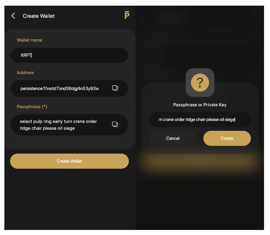 xác nhận tạo ví persistence