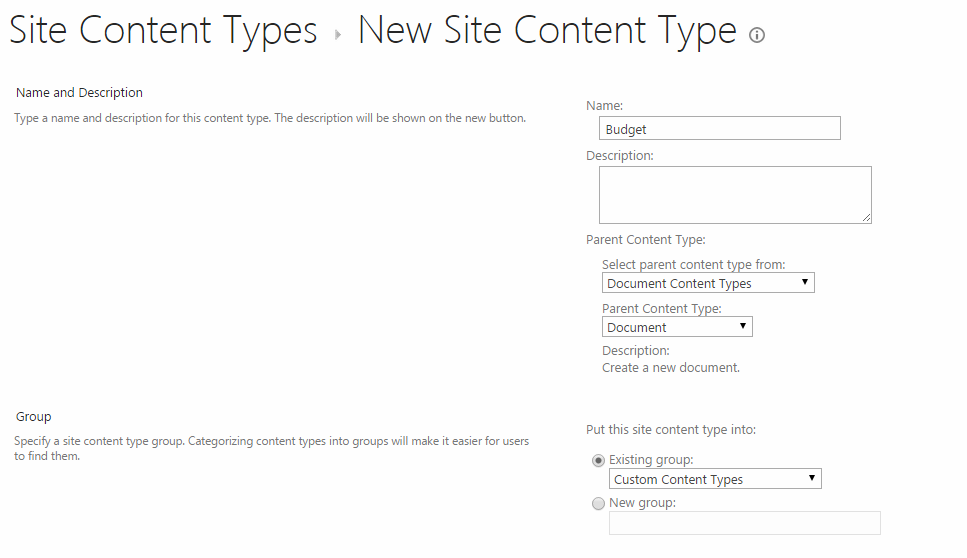 Create New Site Content Type