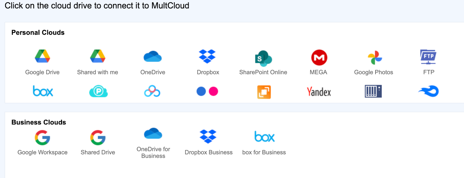 Cloud options in the free migration tool MultCloud