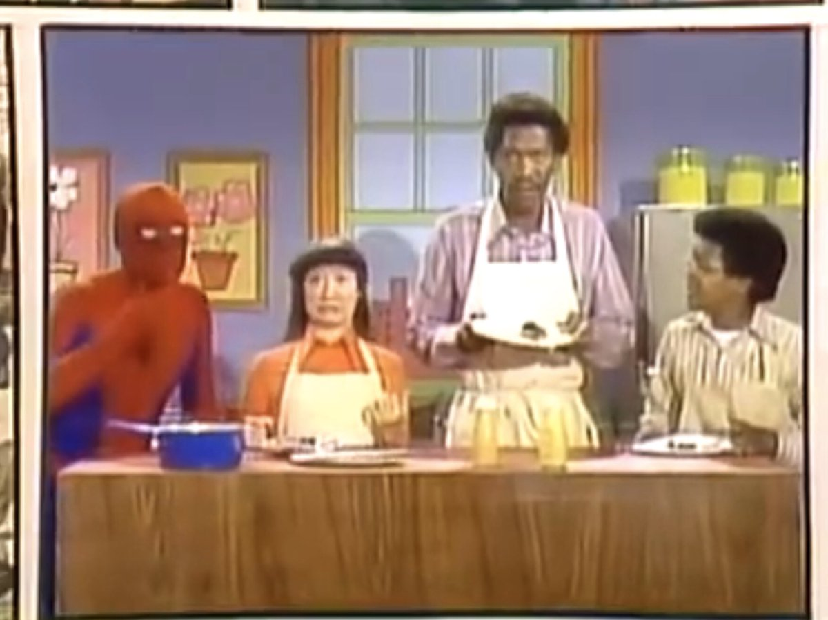 A scene from a Spider-Man segment on Electric Company that also had Morgan Freeman as a cast member